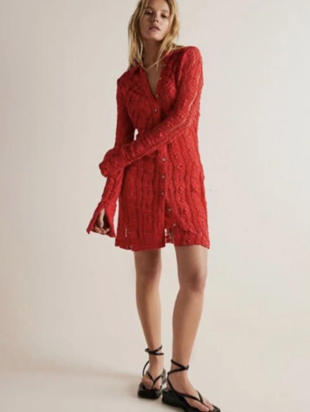 NWT Free People Shayla Lace Dress Tomato Red, L, Stretchy, Mini Slip Included